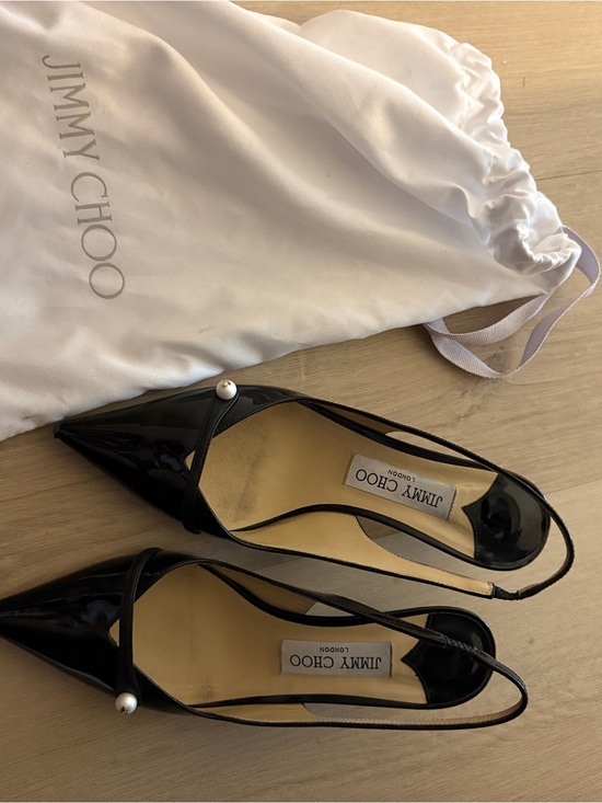 Jimmy Choo Shoes - Jimmy Choo Black Patent Leather Pointed Slingback Pumps with Pearl Accent